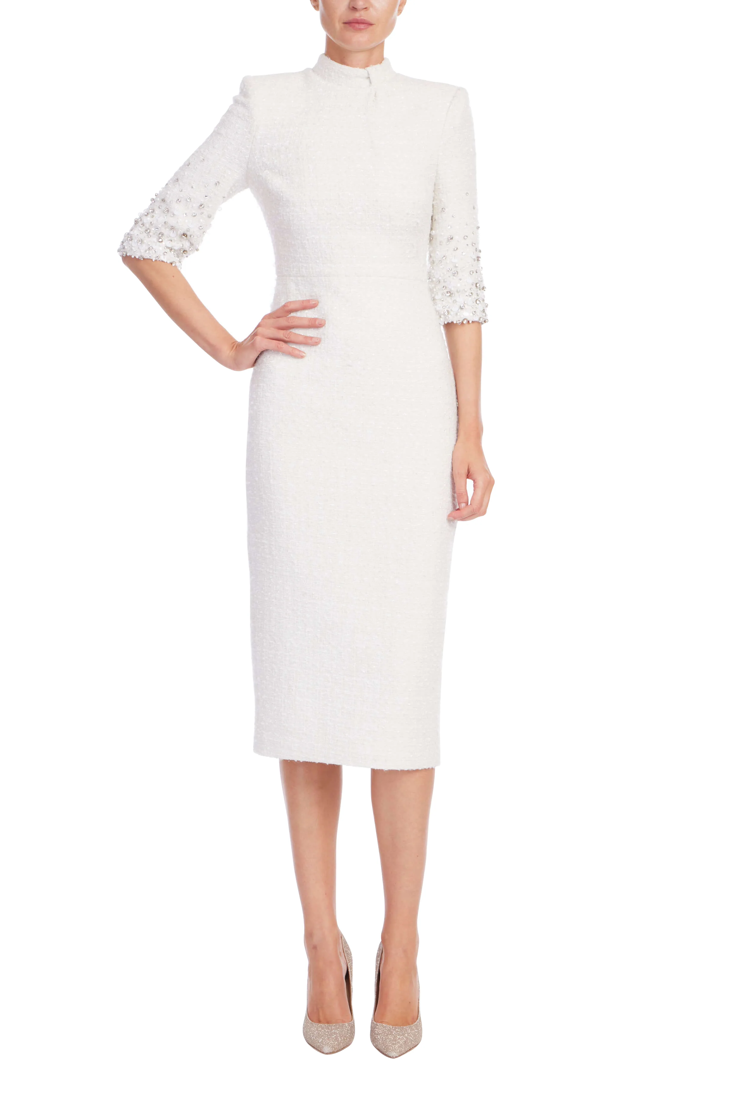 Beaded Quarter Sleeve High Neck Sheath Dress - Image 15