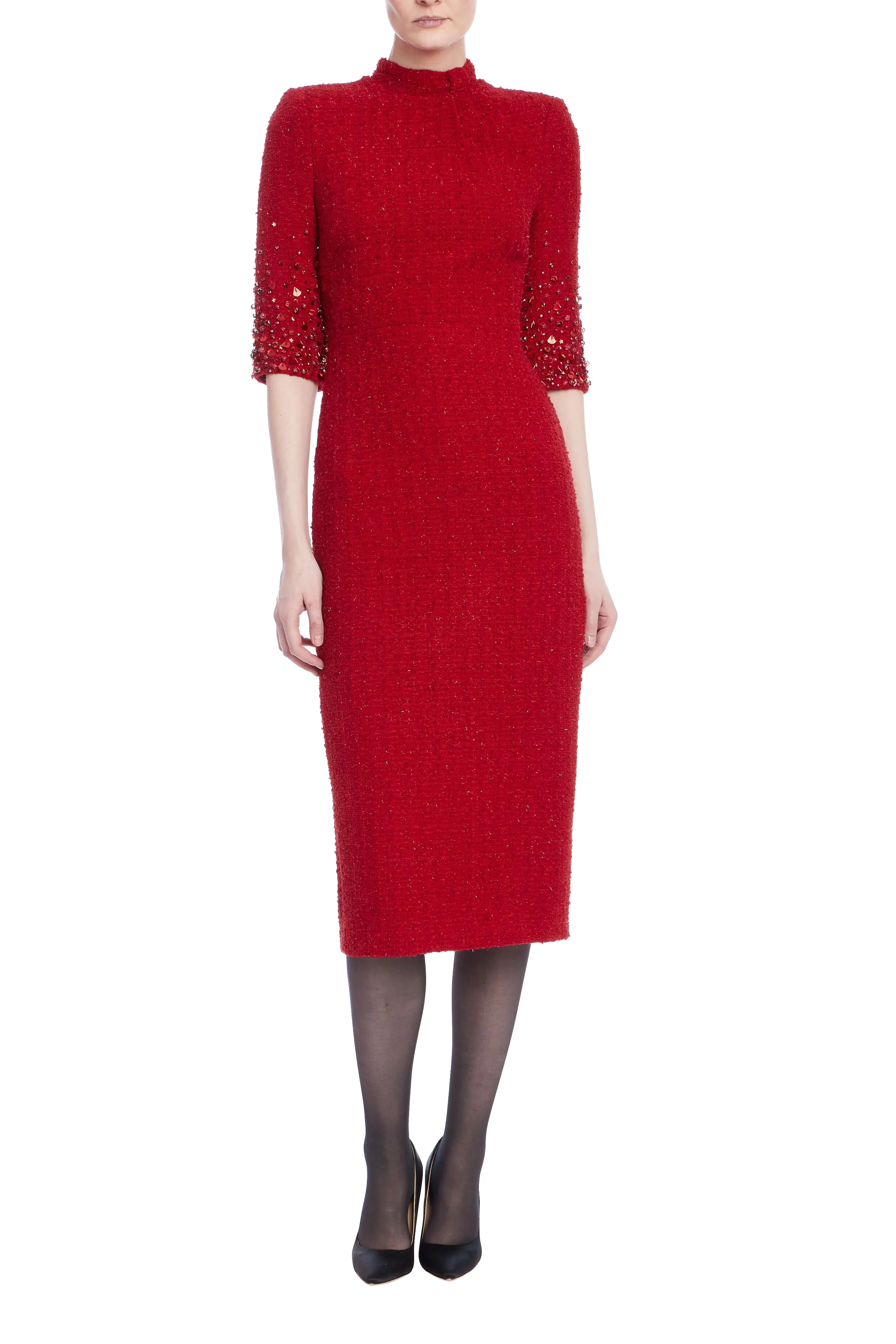 Beaded Quarter Sleeve High Neck Sheath Dress - Image 19