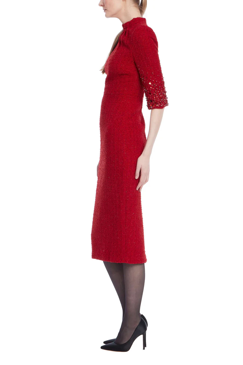 Beaded Quarter Sleeve High Neck Sheath Dress - Image 6