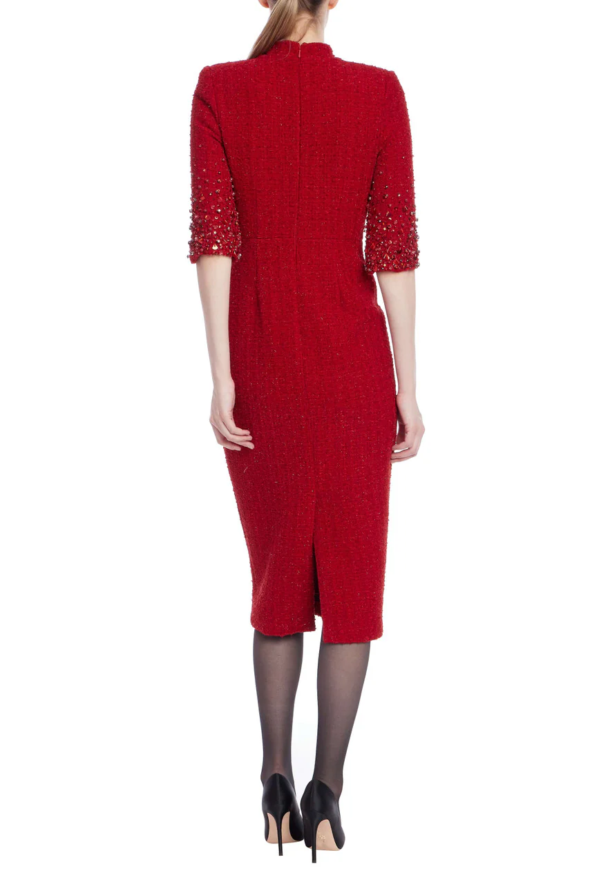 Beaded Quarter Sleeve High Neck Sheath Dress - Image 7