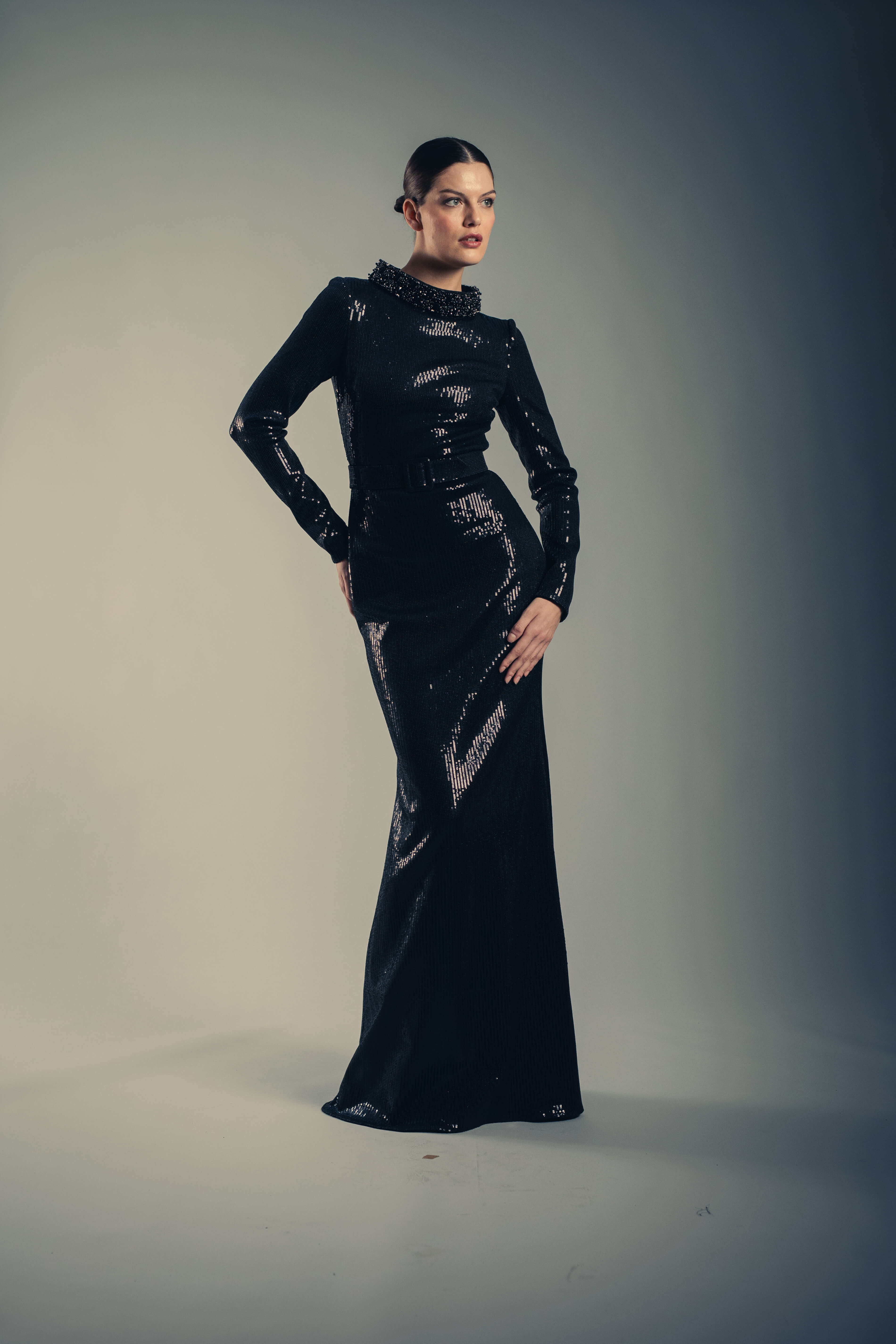 Black Sequin Mock Neck Mermaid Gown - Image 9