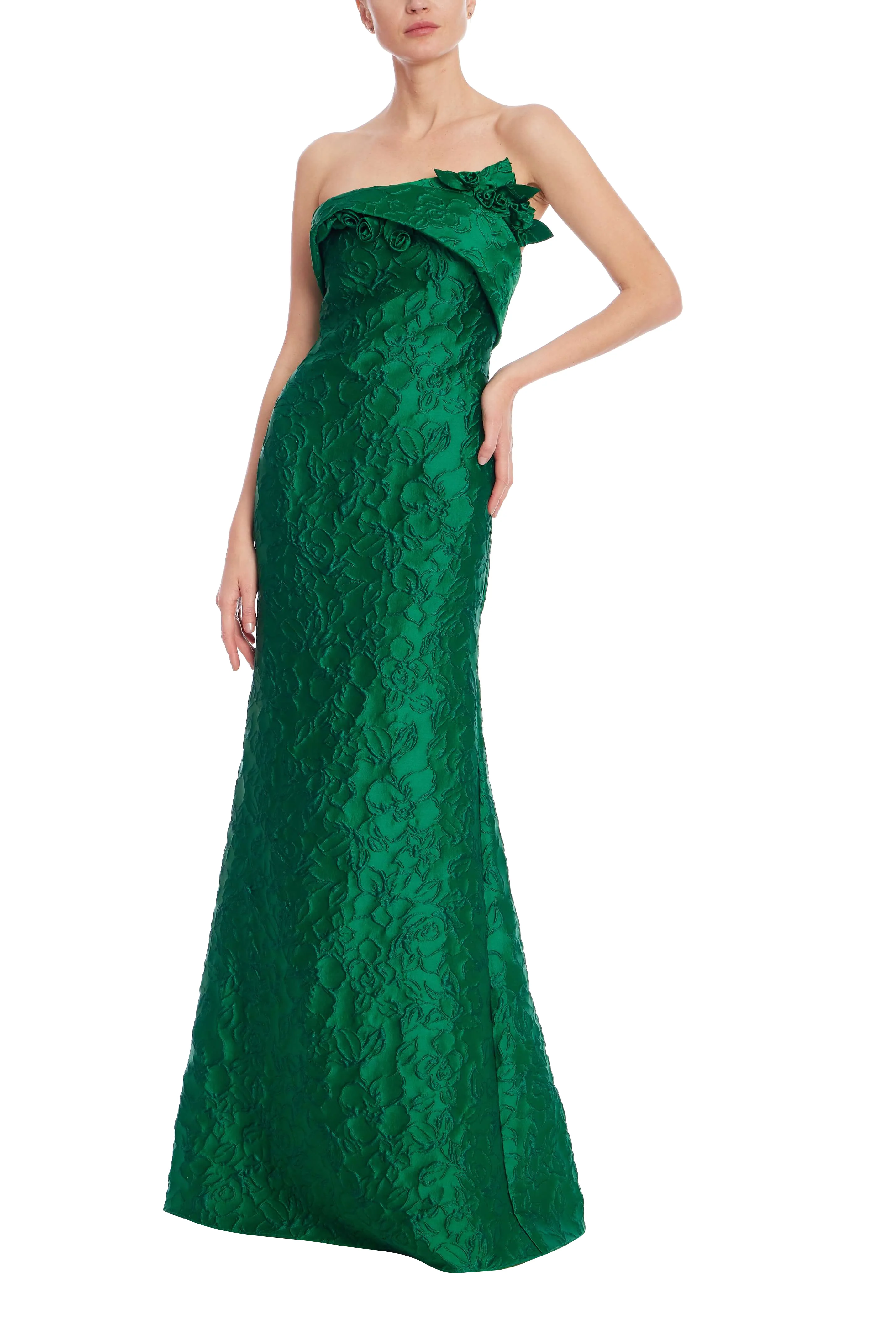 Emerald Green Strapless Floral Jacquard Mermaid Gown - Image 12