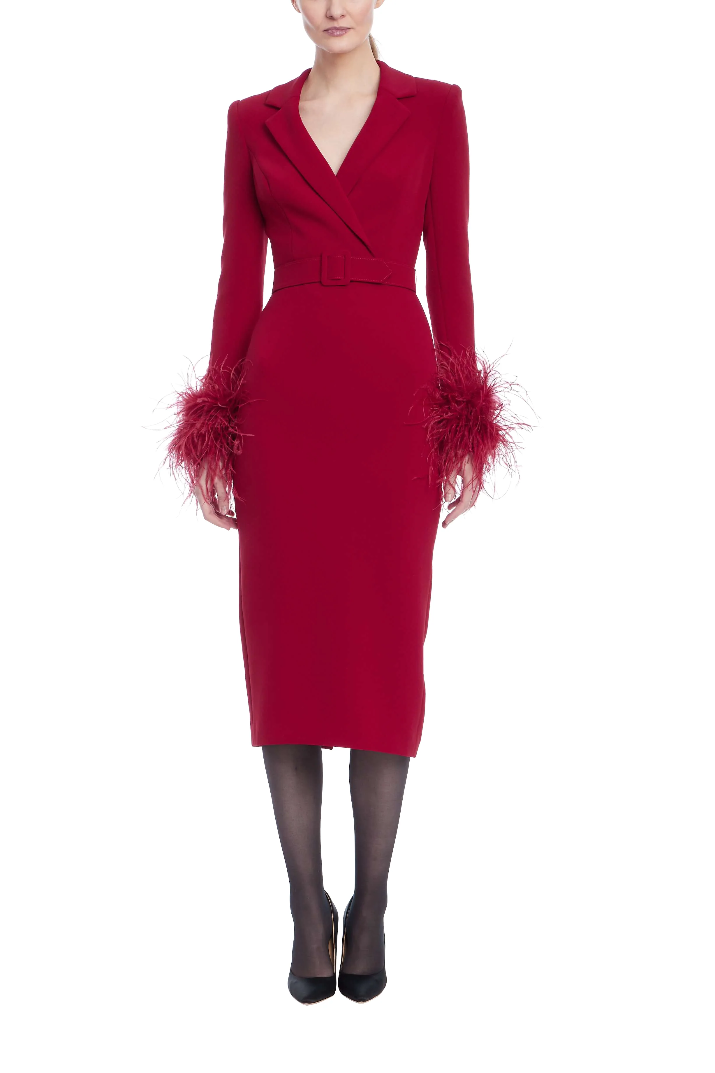 Feather Trim Belted Sheath Dress - Image 24