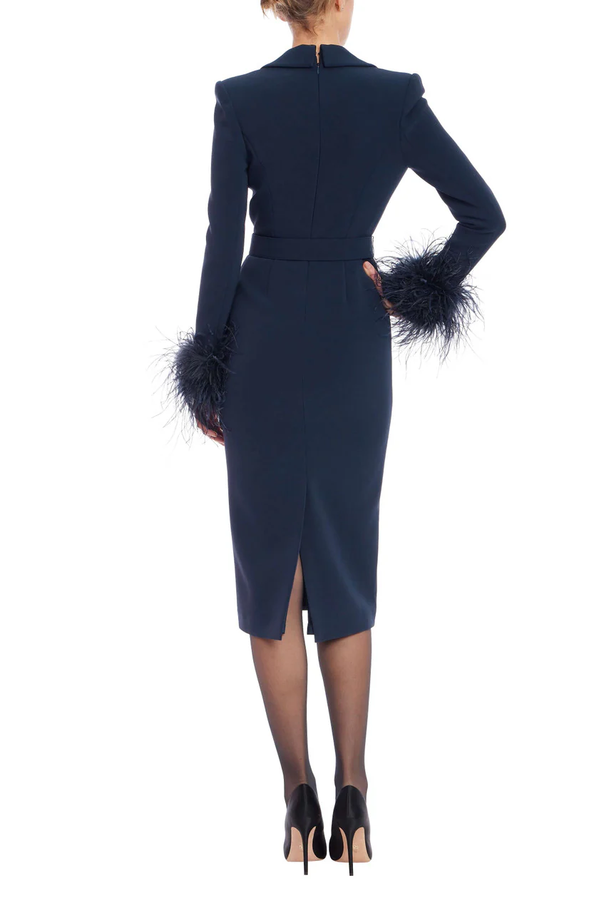 Feather Trim Belted Sheath Dress - Image 3