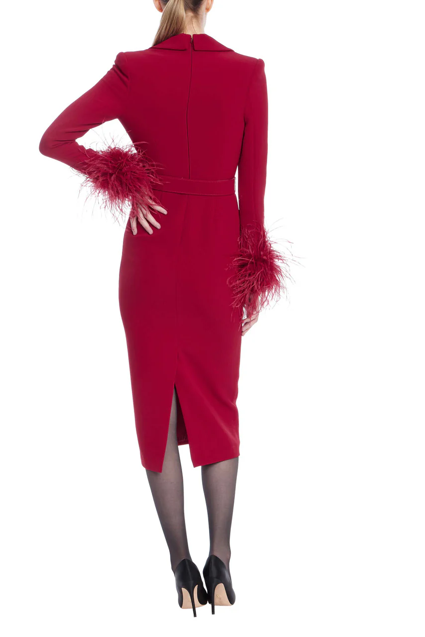 Feather Trim Belted Sheath Dress - Image 6