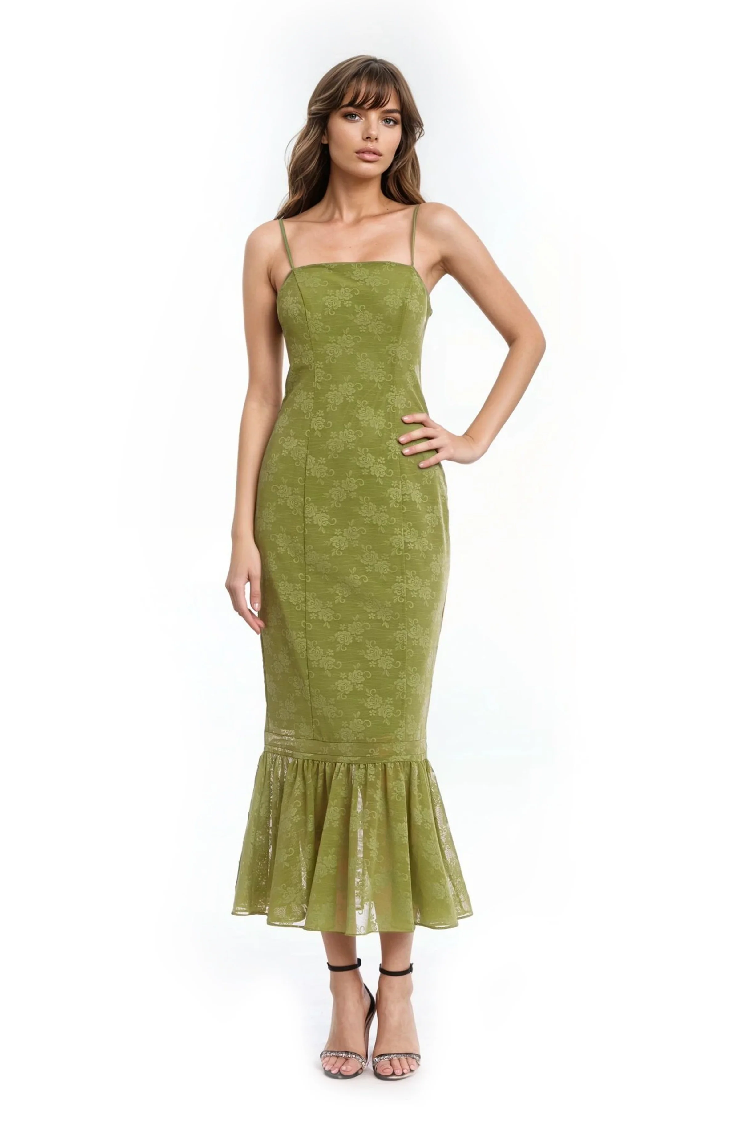 Josie Floral Jacquard Midi Dress with Ruffle Hem - Image 6