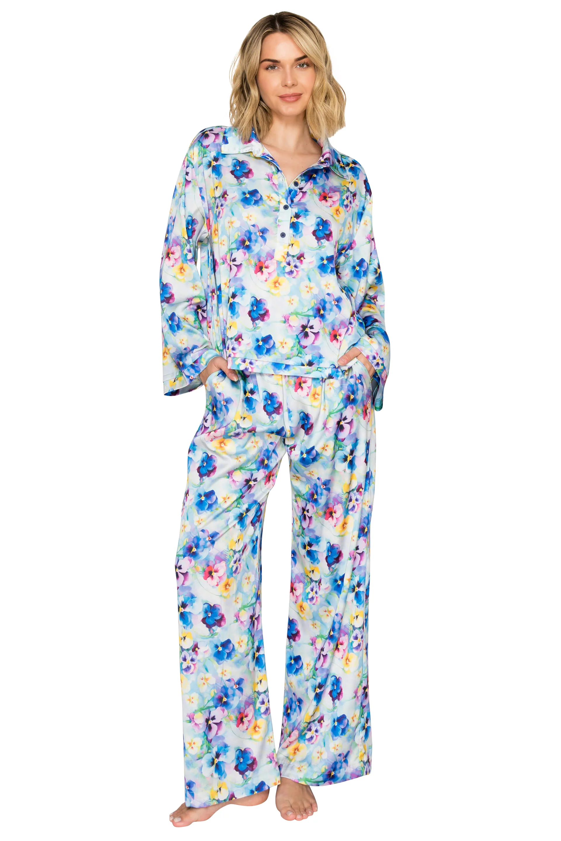 Luxe Floral Satin Long Sleeve & Wide Leg Pajama Set - Image 19
