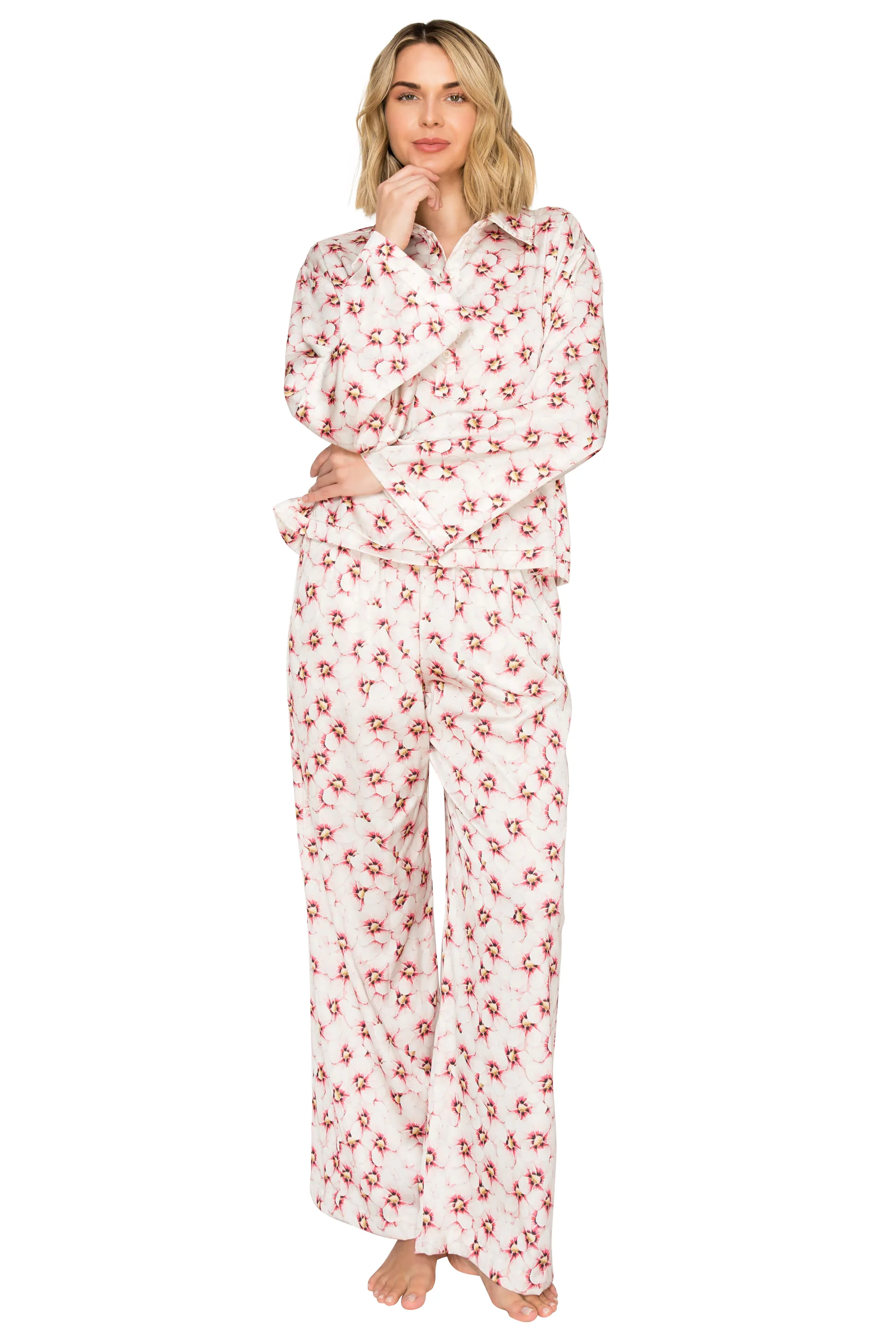 Luxe Floral Satin Long Sleeve & Wide Leg Pajama Set - Image 28