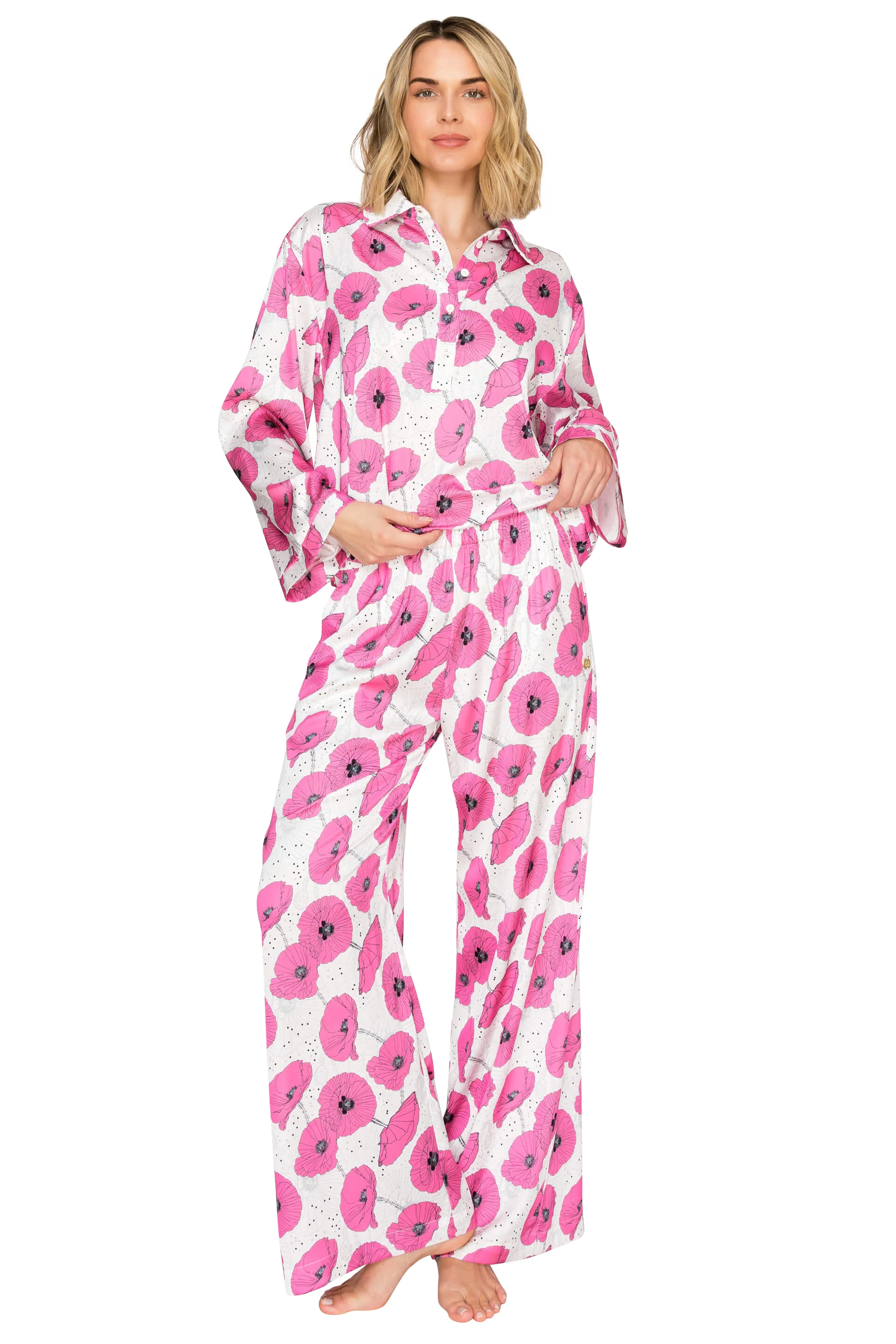 Luxe Floral Satin Long Sleeve & Wide Leg Pajama Set - Image 31