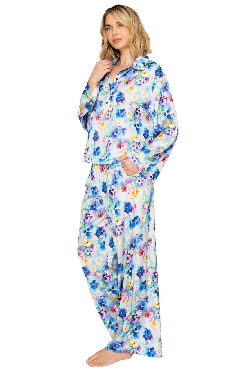 Luxe Floral Satin Long Sleeve & Wide Leg Pajama Set - Image 4