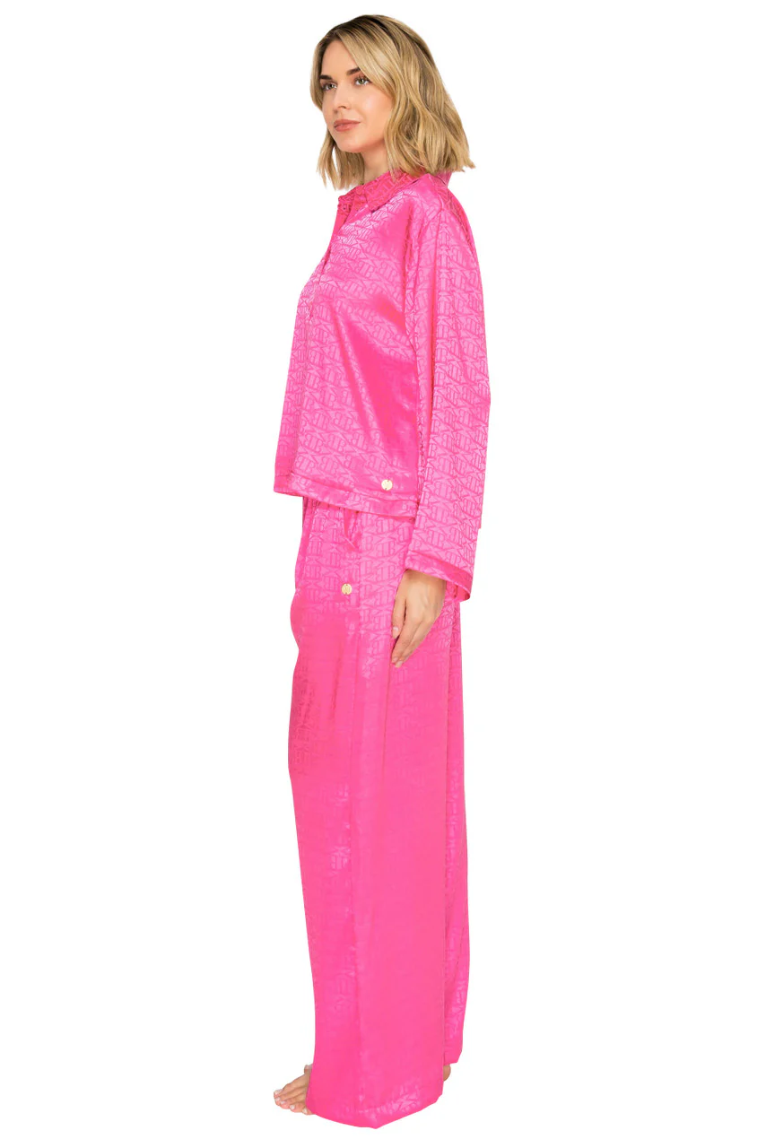 Luxe Monogram Satin Long Sleeve Wide Leg Pajama Set - Image 10