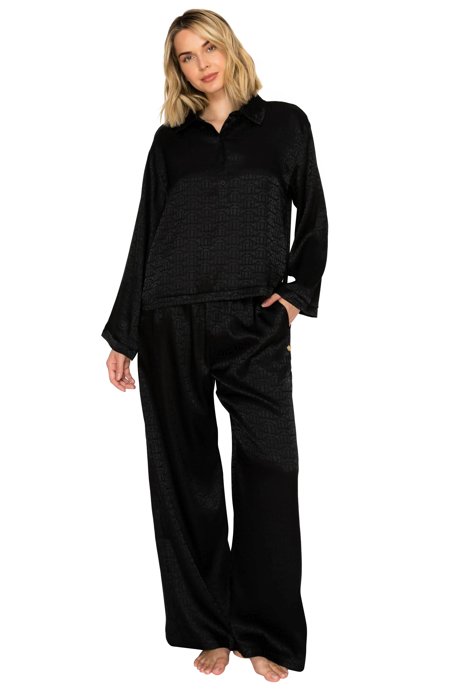 Luxe Monogram Satin Long Sleeve Wide Leg Pajama Set - Image 14