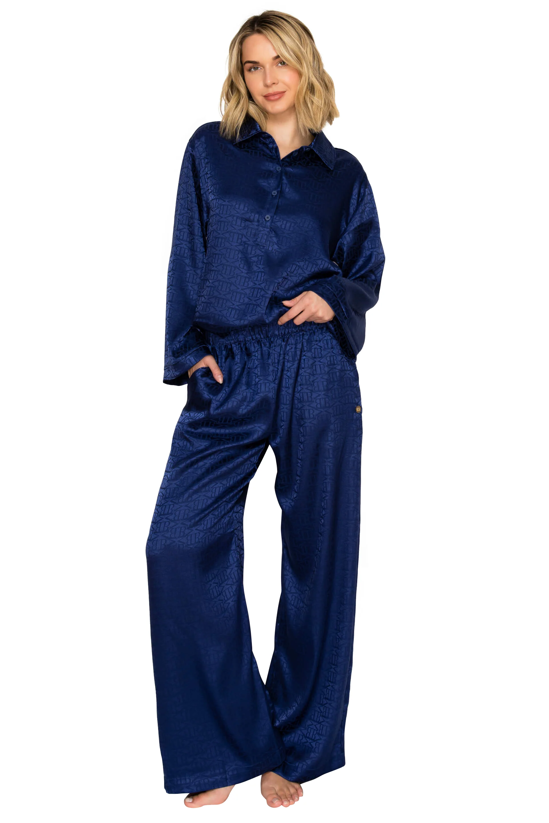 Luxe Monogram Satin Long Sleeve Wide Leg Pajama Set - Image 19