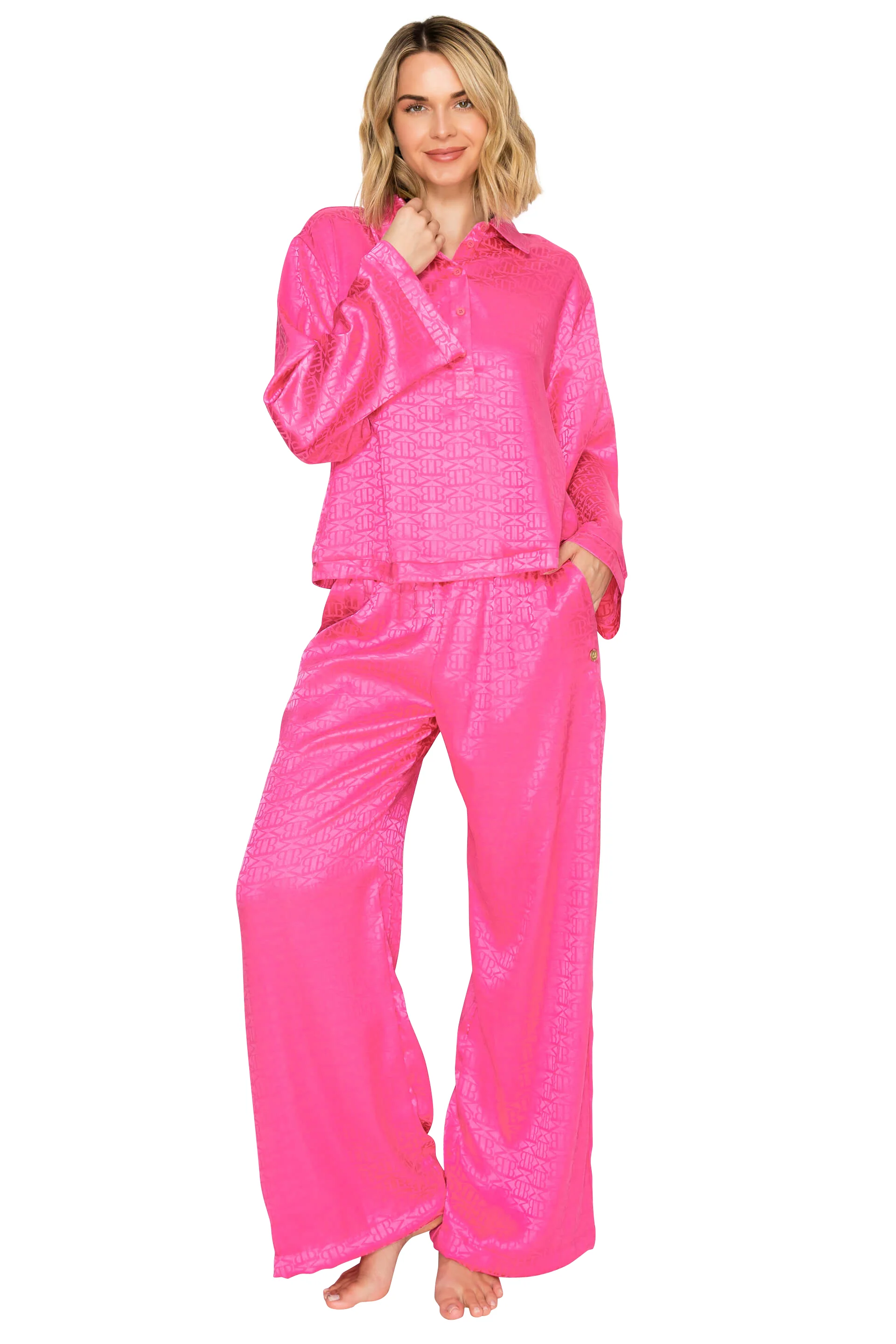 Luxe Monogram Satin Long Sleeve Wide Leg Pajama Set - Image 22