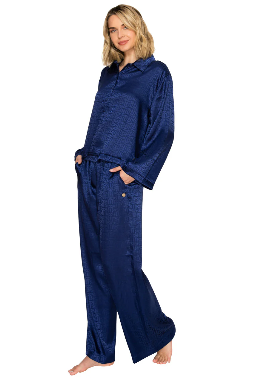 Luxe Monogram Satin Long Sleeve Wide Leg Pajama Set - Image 4