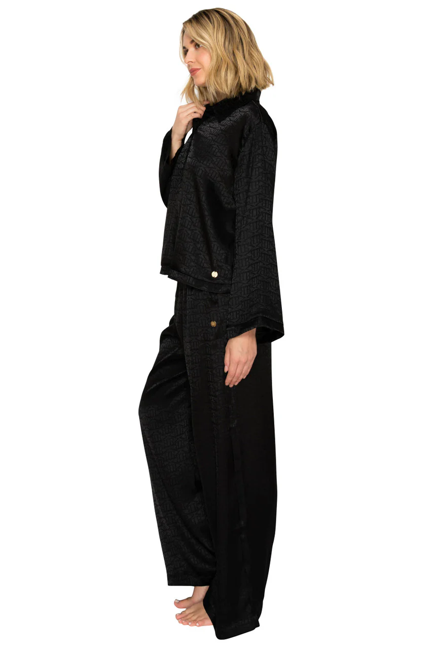 Luxe Monogram Satin Long Sleeve Wide Leg Pajama Set - Image 6