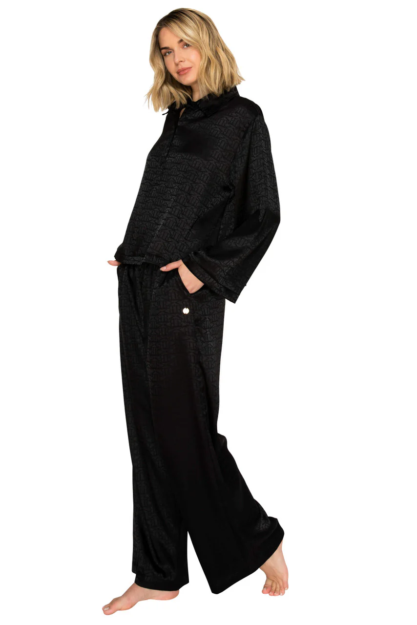 Luxe Monogram Satin Long Sleeve Wide Leg Pajama Set - Image 8