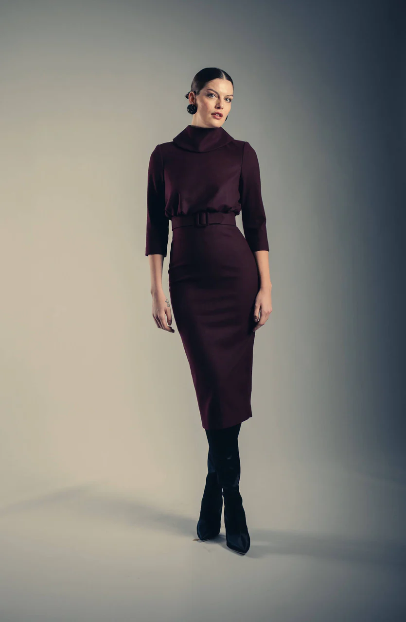 Mock Neck Belted Midi Sheath Dress - Image 4