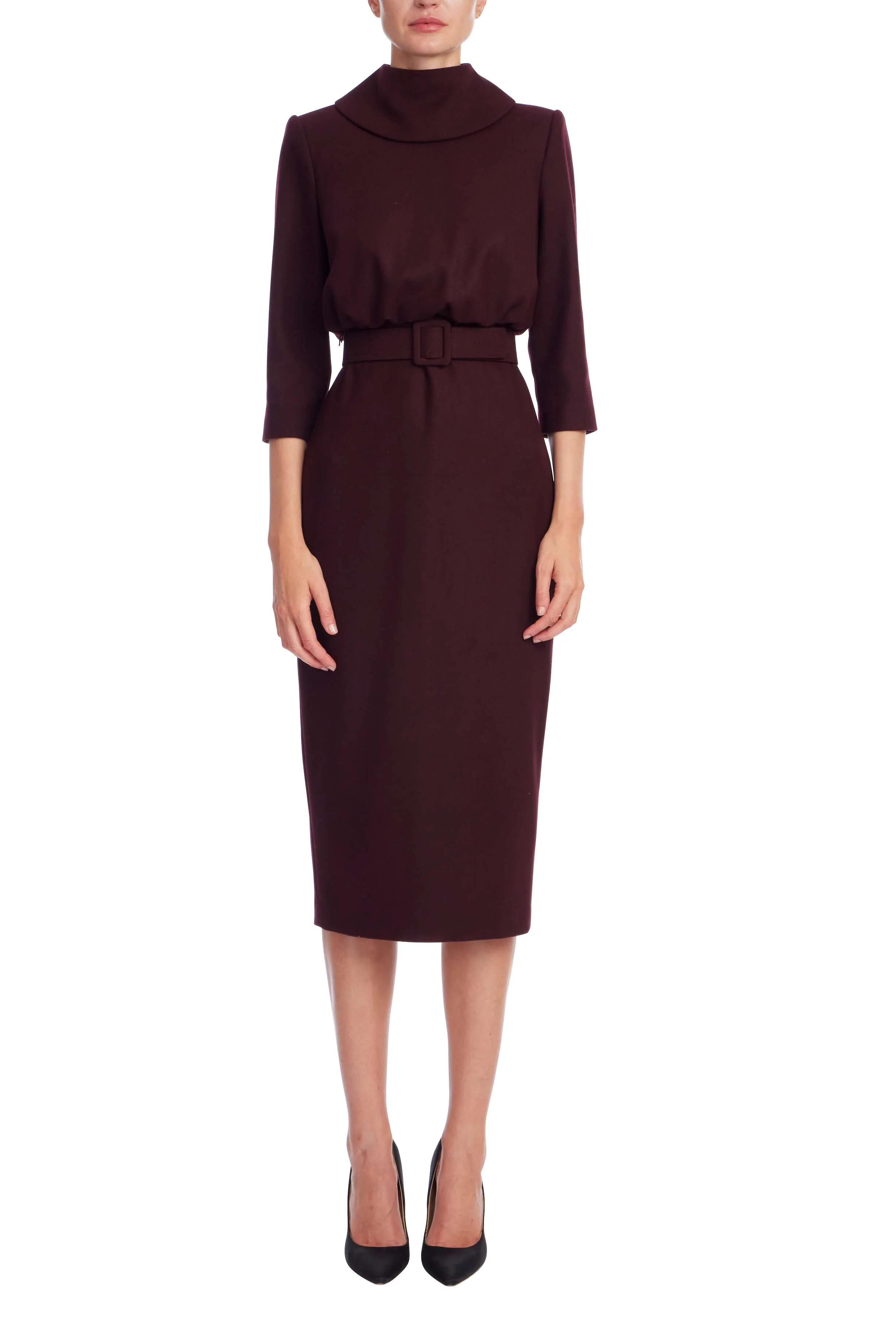 Mock Neck Belted Midi Sheath Dress - Image 7