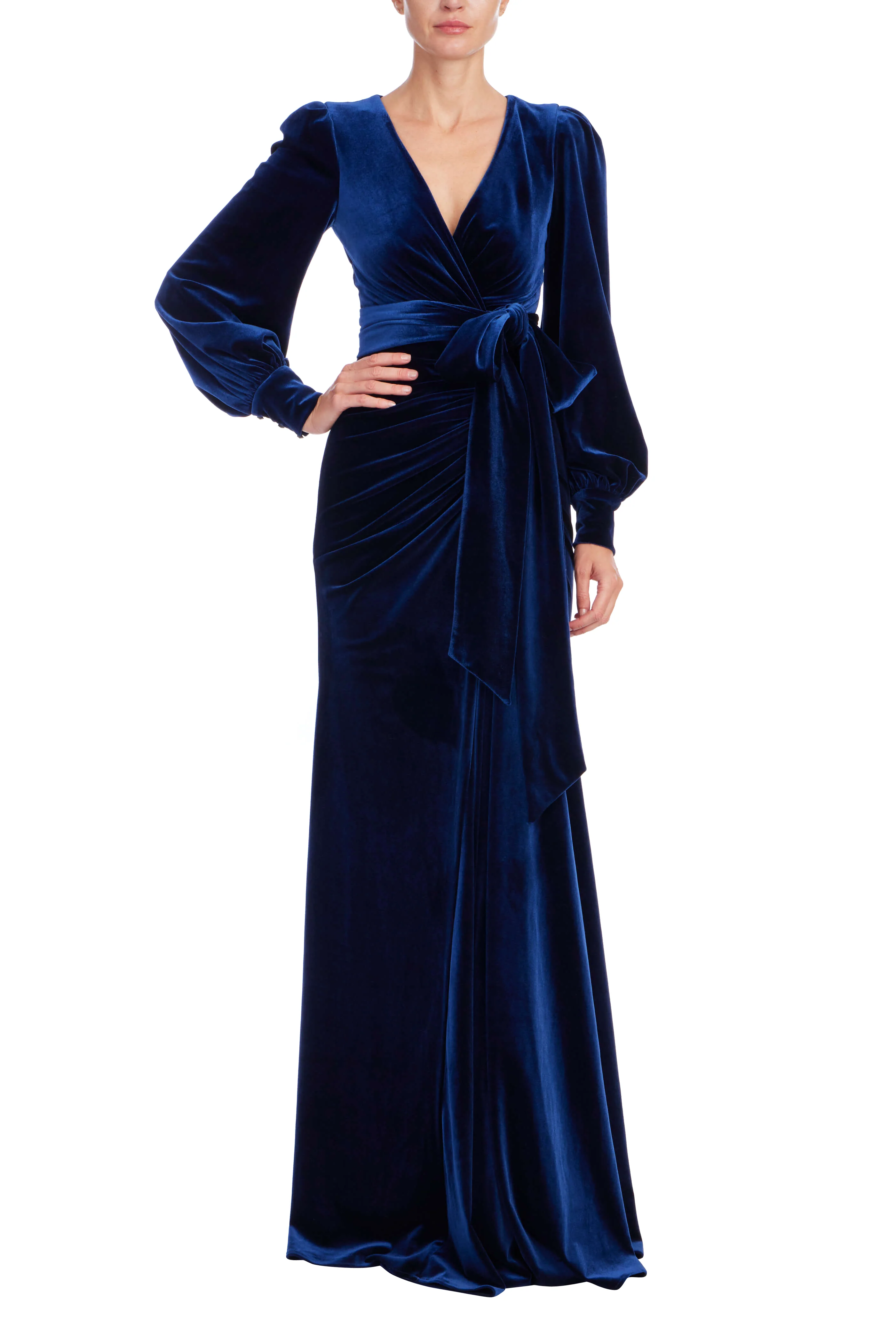 Navy Velvet Drape Gown with Puffed Sleeves - Image 10