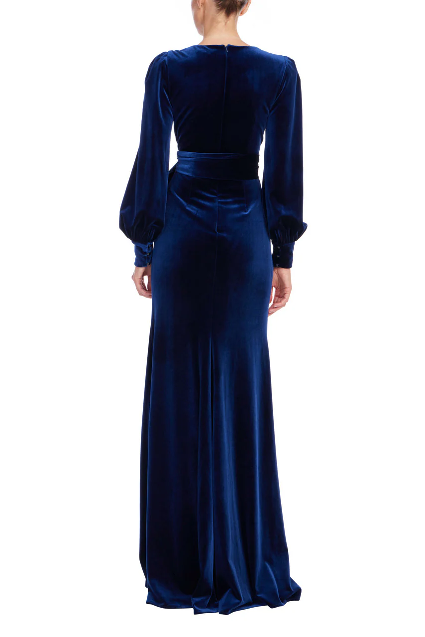 Navy Velvet Drape Gown with Puffed Sleeves - Image 3