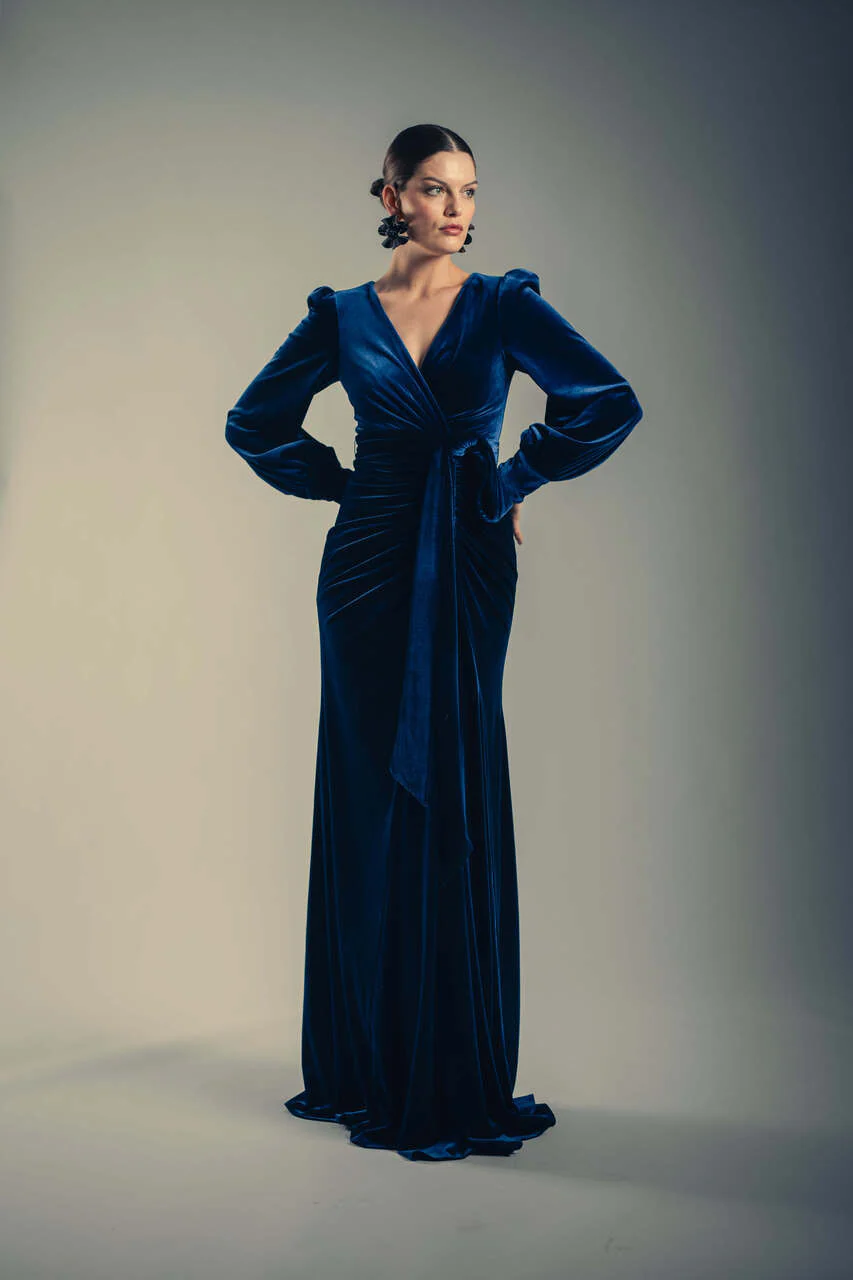 Navy Velvet Drape Gown with Puffed Sleeves - Image 4