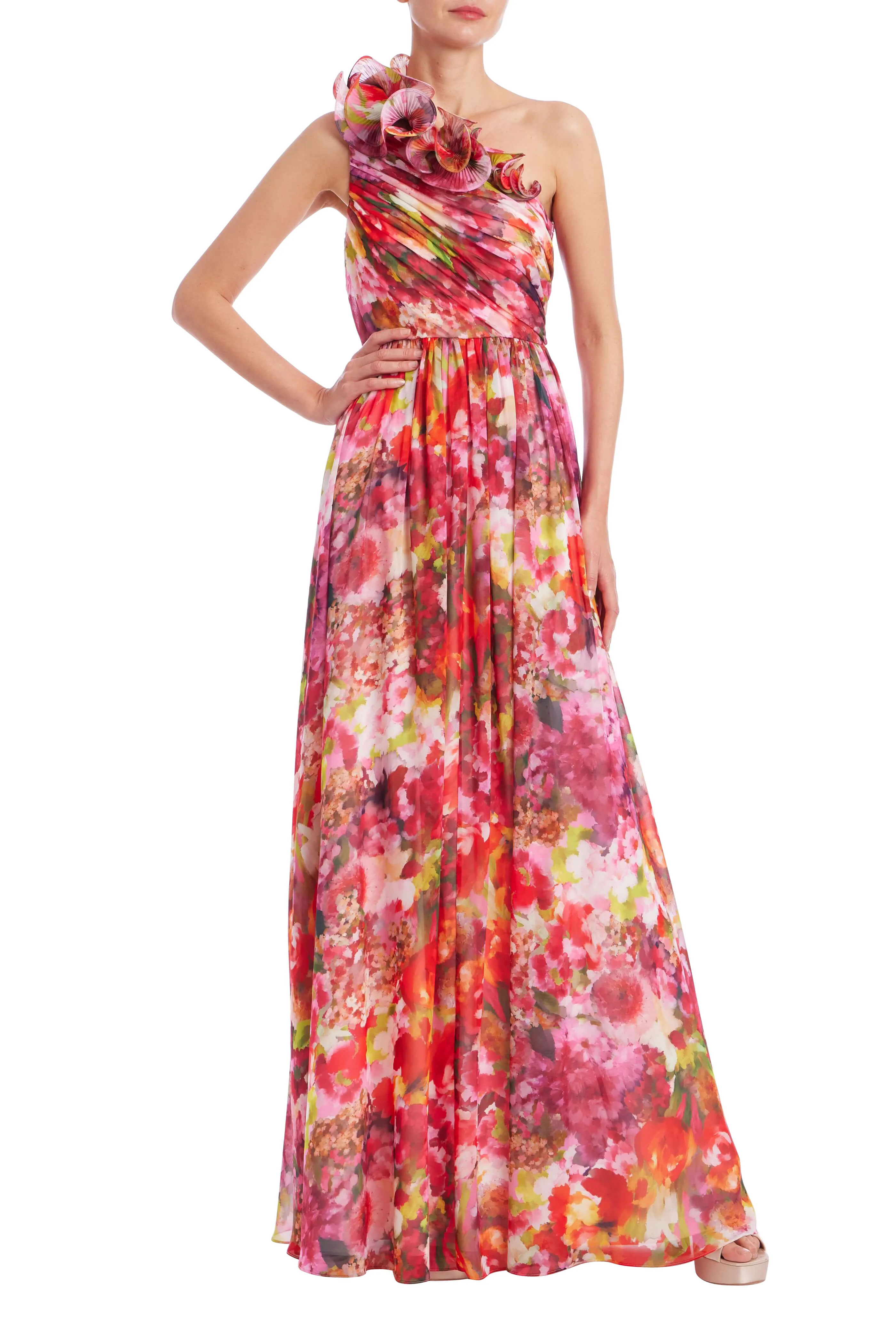 One-Shoulder Ruffle Floral Print Gown - Image 12