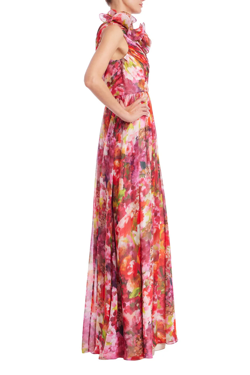 One-Shoulder Ruffle Floral Print Gown - Image 5
