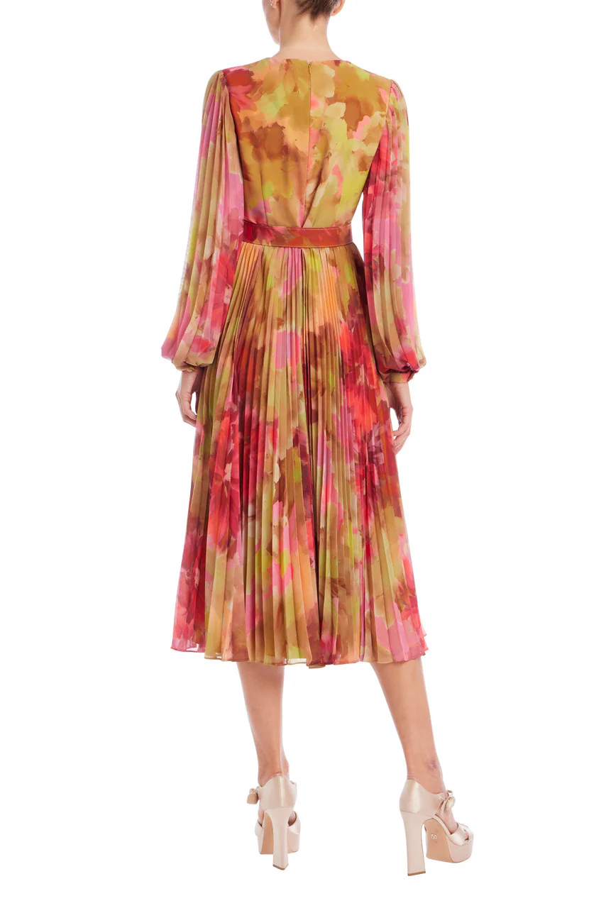 Pleated Bishop Sleeve Belted Midi Dress - Image 3