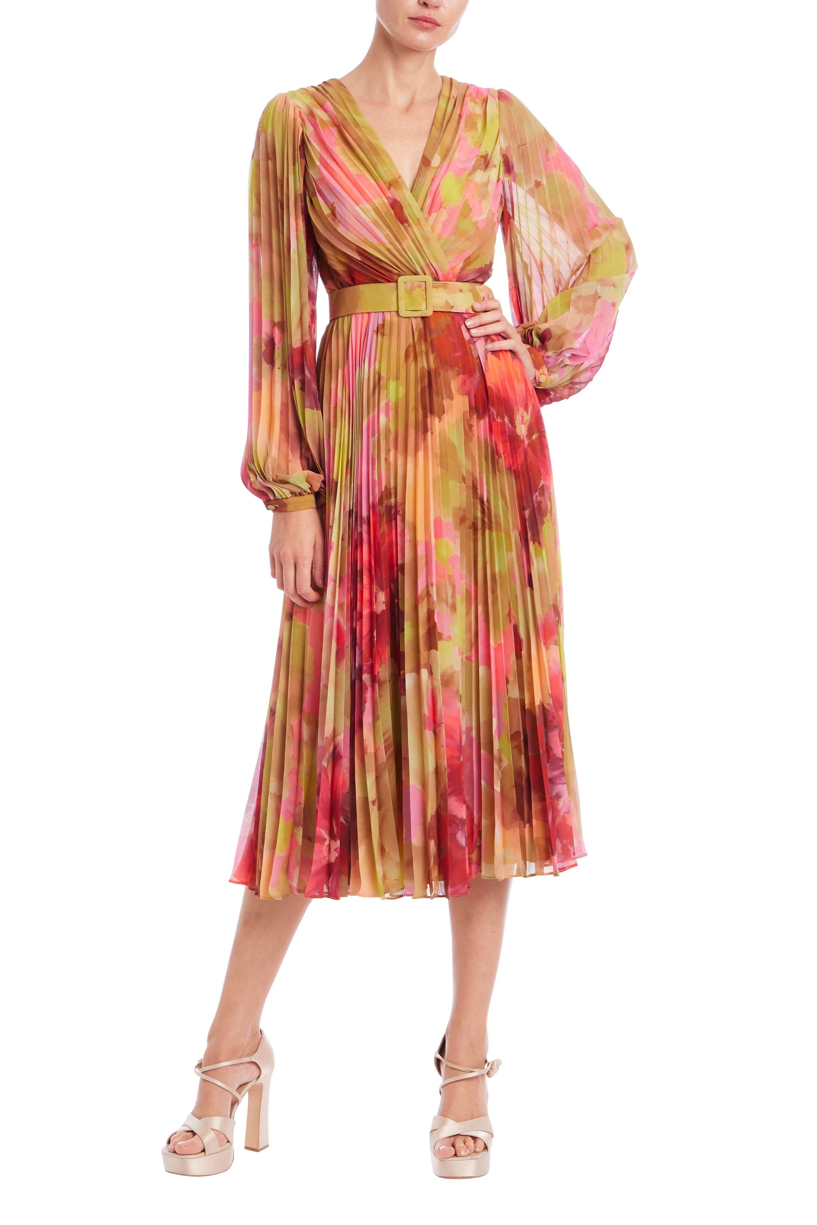 Pleated Bishop Sleeve Belted Midi Dress - Image 9