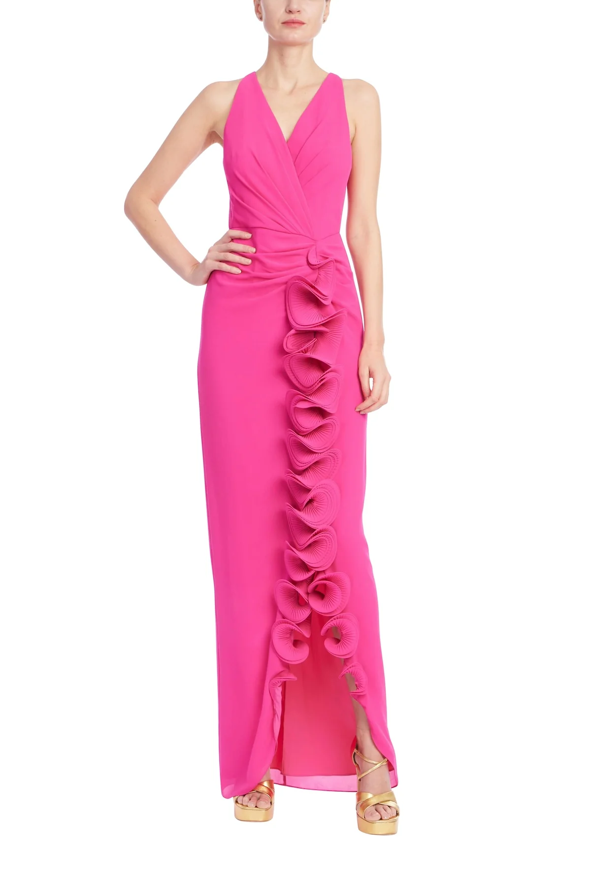Sleeveless V-Neck Gown with 3D Rosette Ruffle - Image 11