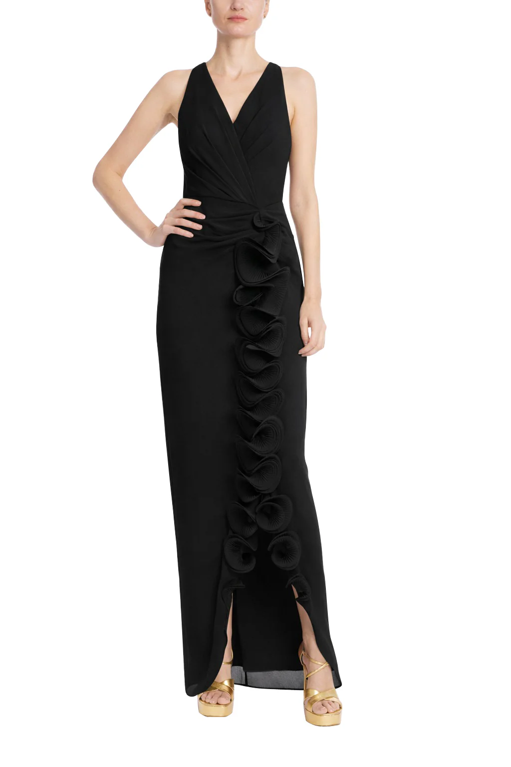 Sleeveless V-Neck Gown with 3D Rosette Ruffle - Image 21