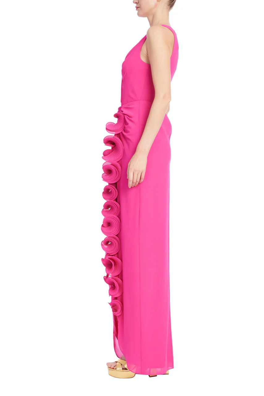 Sleeveless V-Neck Gown with 3D Rosette Ruffle - Image 3
