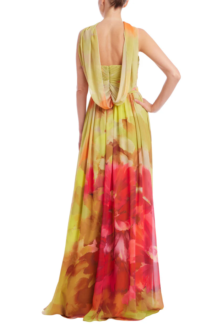 Strapless Floral Print Chiffon Gown with Scarf - Image 3