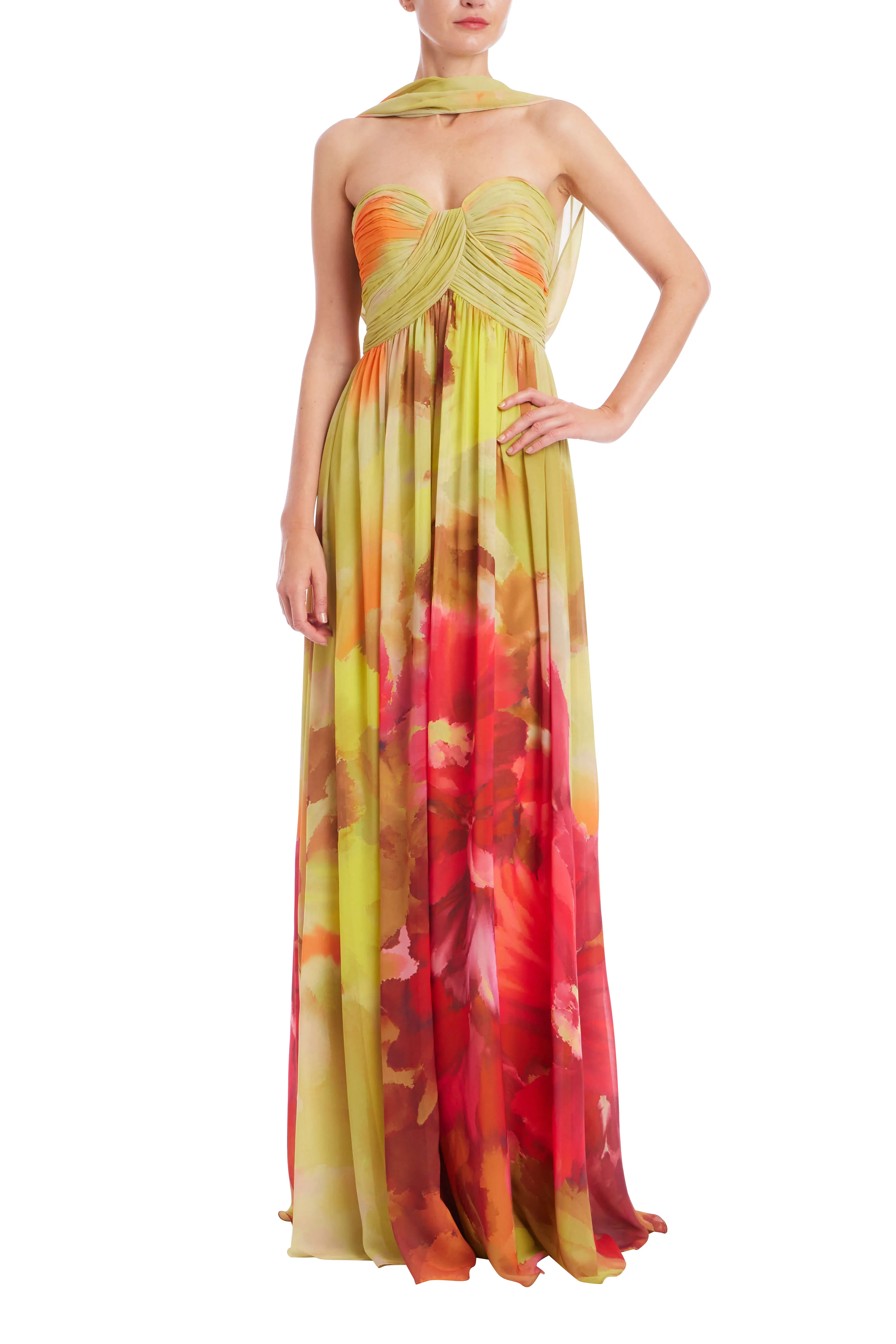Strapless Floral Print Chiffon Gown with Scarf - Image 6