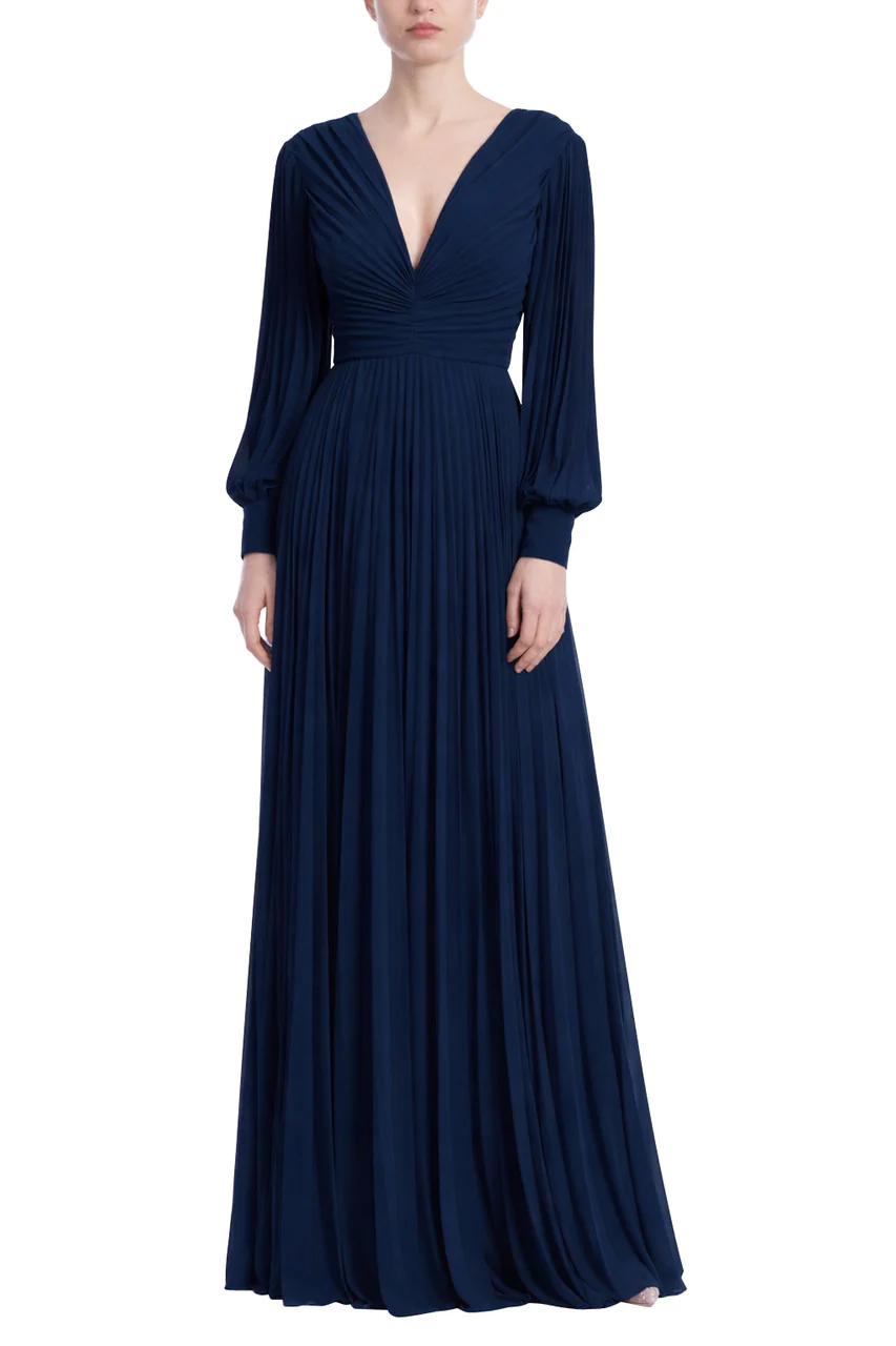 V-Neck Long Sleeve Pleated Gown - Image 3